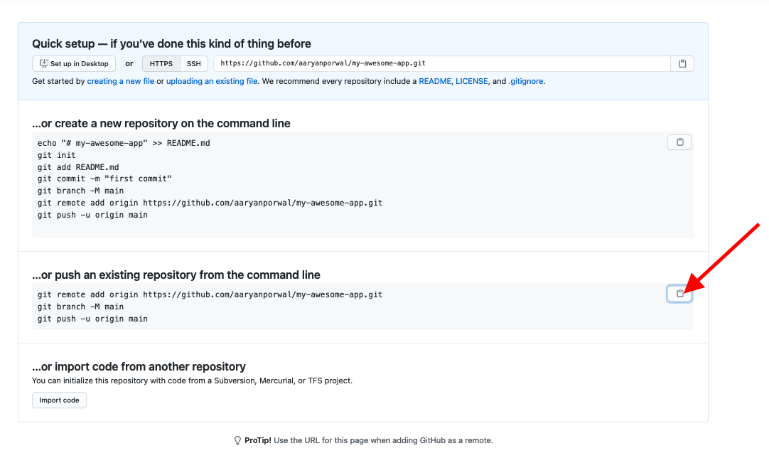Click on the clipboard sign on the push an existing repo code